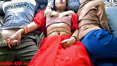 Indian desi stepmom in red lehenga groped by two men in hot threesome