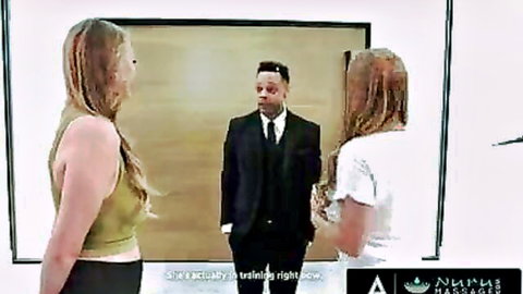 Skylar Snow and Jasmine Daze flank suited client in seductive threesome setup