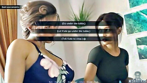 Busty blonde in floral dress and brunette in black top tease under table