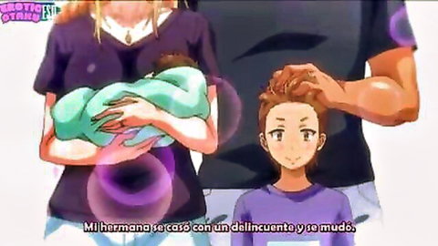 Hentai MILF stepsister with family, holding baby in anime style