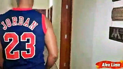 Muscular Black man in Jordan 23 jersey walking hallway, Alex Lima porn thumbnail