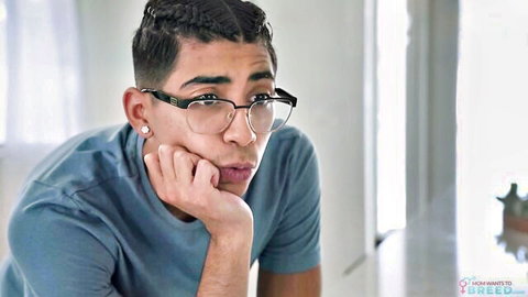 Young Latino stepson in glasses, pouting for breeding with Jennifer White