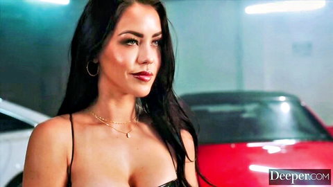 Alina Lopez seductive in black top, cleavage by red car