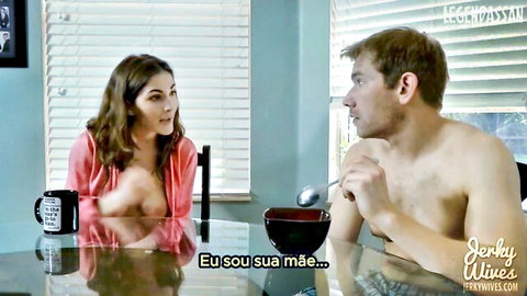 Brunette stepmom exposing tits to stepson at table