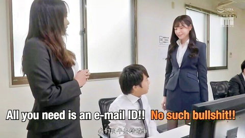 Arina Arata in office suit teasing about email in JAV blowjob scene