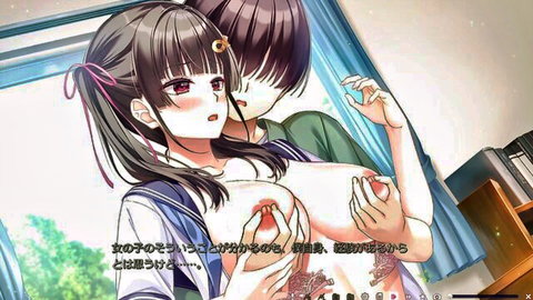 Busty anime schoolgirl with long black hair groped intimately by male in uniform