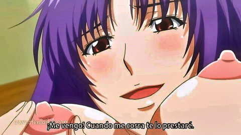 Purple-haired hentai babe with huge tits and pink nipples presses boobs to her blushing ahegao face.