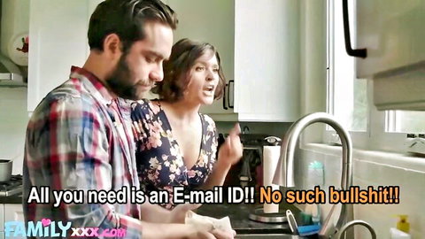 Curvy brunette MILF in floral dress with deep cleavage yells at bearded stud in kitchen