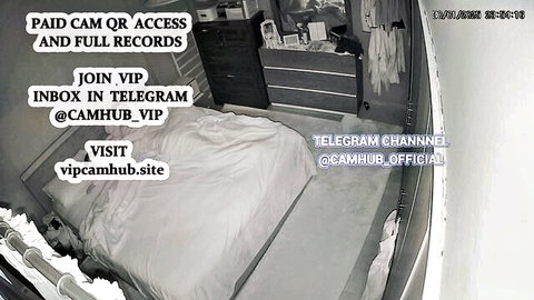 Empty bedroom cam view with camhub VIP Telegram promo overlays for paid full access recordings