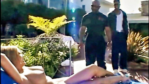 Shyla Stylez topless by pool with Jack Napier and friend
