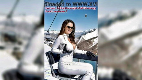 Busty brunette in tight white leather catsuit posing on ski lift, AI illustrated erotic dream
