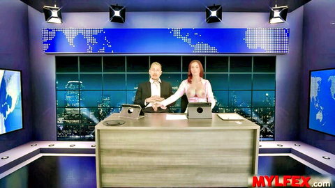 Redhead babe exposes big tits to co-worker on live morning news