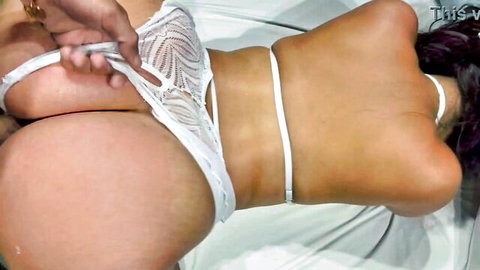 Hot Brazilian babe in white lace lingerie, big ass exposed during intense fuck