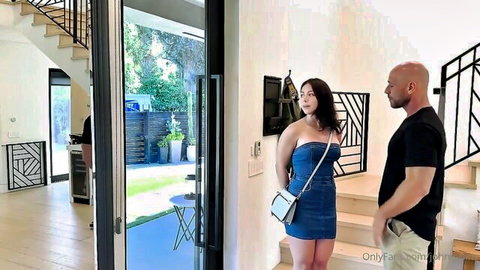 Maya Rue in short blue dress chatting with Johnny Sins in homemade OnlyFans teaser