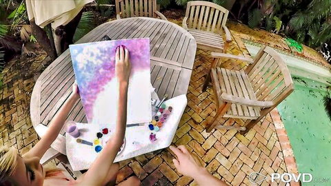 Hime Marie painting canvas outdoors by pool in POVD