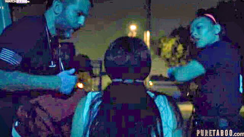 Bearded stepdad and brunette teen daughter face Asian cop in tense taboo night street encounter
