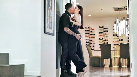 Melissa Stratton passionately kissing tattooed stepson in black lingerie top
