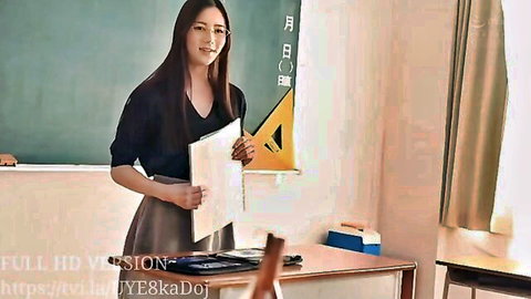 Sabrisse A as seductive art teacher in classroom, holding props, full HD