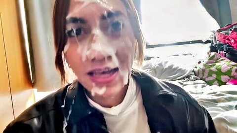 Artemis Carmona with thick cum facial in leather jacket, amateur cumwalk scene