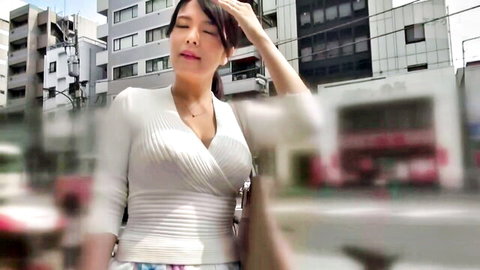 Cute Asian wife Ren in seductive white wrap top outdoors