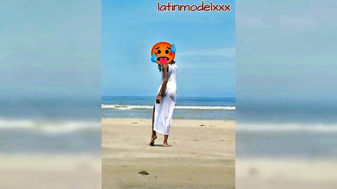 Latina model in white dress on public beach photoshoot, small tits nice ass