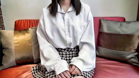 Himari-chan in oversized white shirt and checkered skirt, young Japanese tease