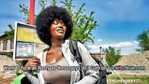 Lexi Luv cute busty black girl in tank top smiling at Czech streets quickie