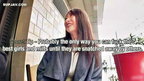 Smiling cute Asian girl in gray blazer outdoors, JAV teaser for devouring dick with small mouth