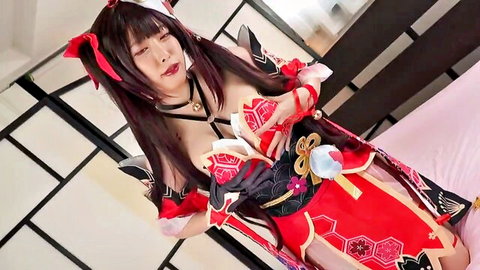 Seductive Japanese woman in red cosplay lingerie with deep cleavage