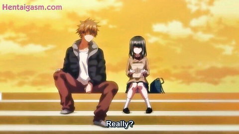 Anime couple in school uniforms chatting on stairs at sunset, Hatsukoi Jikan hentai