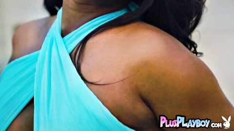 Beautiful black teen Aziza in sexy teal halter dress, teasing before nude pose