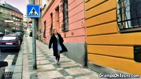 Slim blonde teen walking urban street in old vs young tease scene