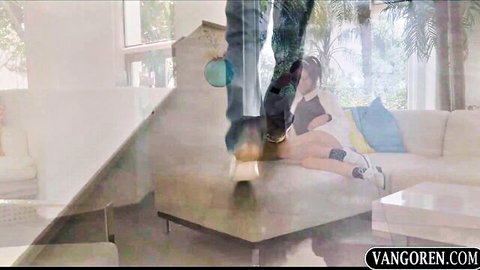 Asian schoolgirl in stockings gets fucked by standing guy on table