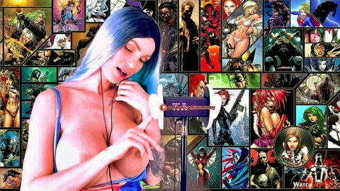 ASMR_Amy superhero ASMR boobs tease with cleavage and comic background