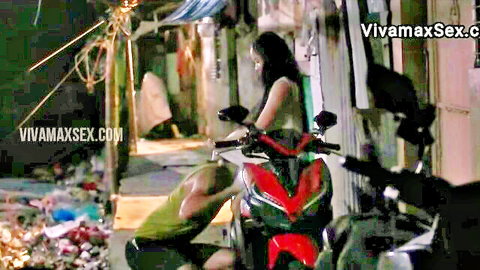 Filipina woman in tank top kissed by man on red scooter in alley, Vivamax Tahong