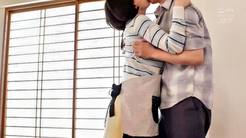 Passionate stepmother kissing embrace in apron, JAV style