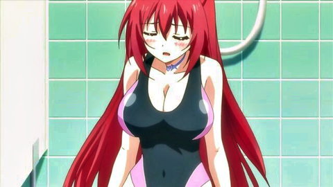 Red-haired anime catgirl in revealing black swimsuit, embarrassed in bathroom fanservice scene