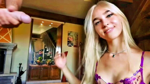 Young German blonde in purple lingerie POV deepthroat blowjob