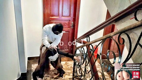 Thick Chinese woman in doggy style sex on staircase with masked man