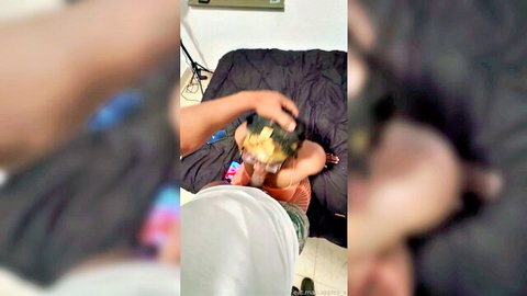 Blonde woman eats cum-covered apple during BBC throatfuck session