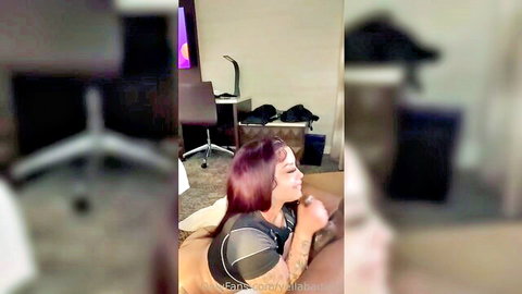 Jass redhead ebony babe giving blowjob, tattooed curvy woman oral tease
