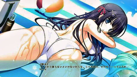 Hentai anime girl in tight white bikini bottoms shows off juicy ass and cameltoe on beach towel