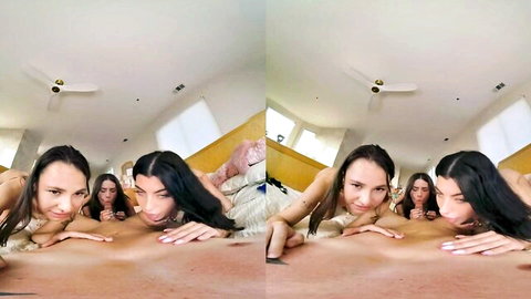 POV of four busty babes with hanging tits leaning in to fondle naked male torso