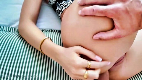 Lily Phillips pregnant in lingerie, hand groping her ass on bed