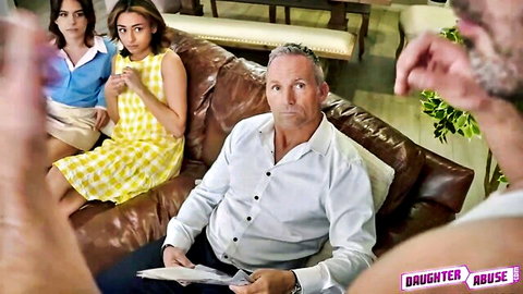 Vanessa and Aria in sexy dresses teasing stepdads on couch