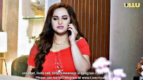 Desi woman in red off-shoulder top on phone call, Chhahat Part 02 Ullu tease