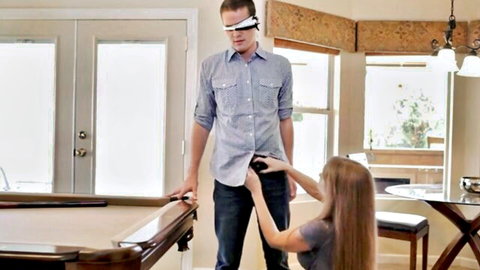Redhead girl unbuttons blindfolded guy's jeans bulge by pool table