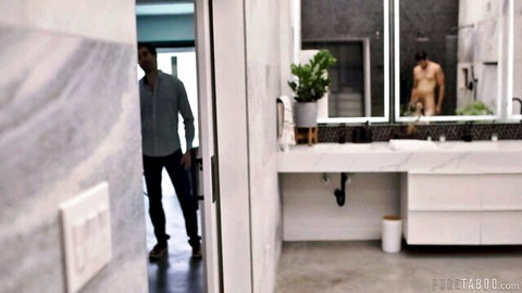 Clothed voyeur watches naked muscular stud's bare ass in luxury bathroom mirror
