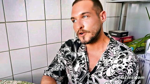 Muscular man in open silk shirt, Ophelia's crush in Ersties threesome fantasy