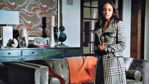 Brunette woman in stylish houndstooth coat stands seductively in elegant room, Addicted thumbnail